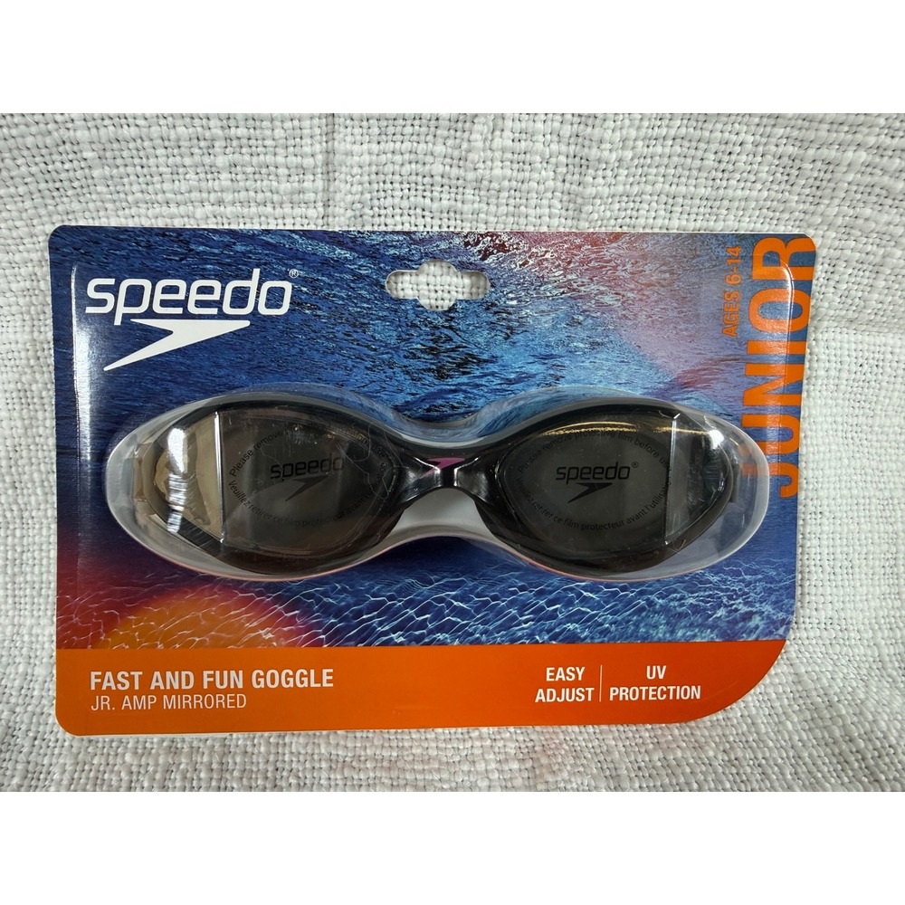 Speedo Jr Amp Mirrored Swim Goggles Kids Ages 6-14 Anthracite UV Protection NEW